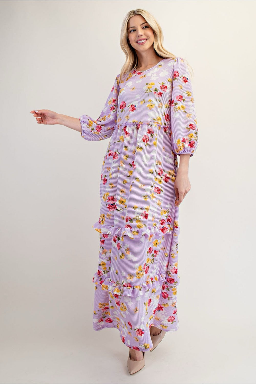 Lilac modest floral tiered maxi dress from Celeste Clothing, featuring flowing fabric and layered design.