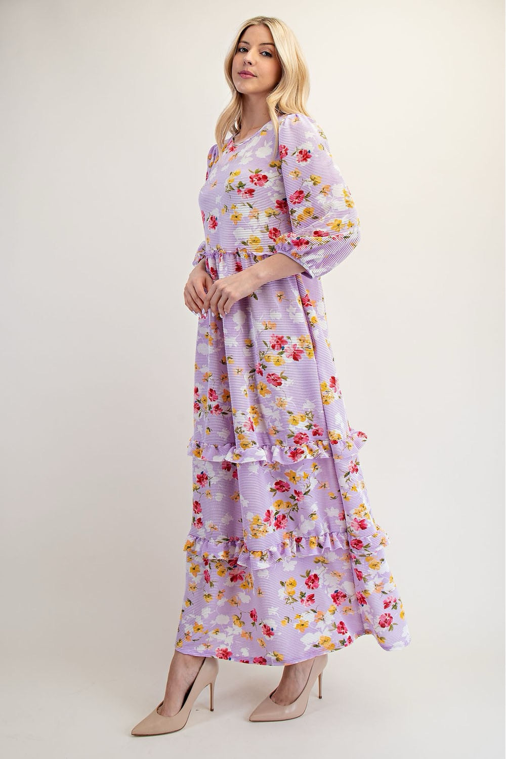 Lilac modest floral tiered maxi dress from Celeste Clothing, featuring a flowing silhouette and elegant floral pattern.
