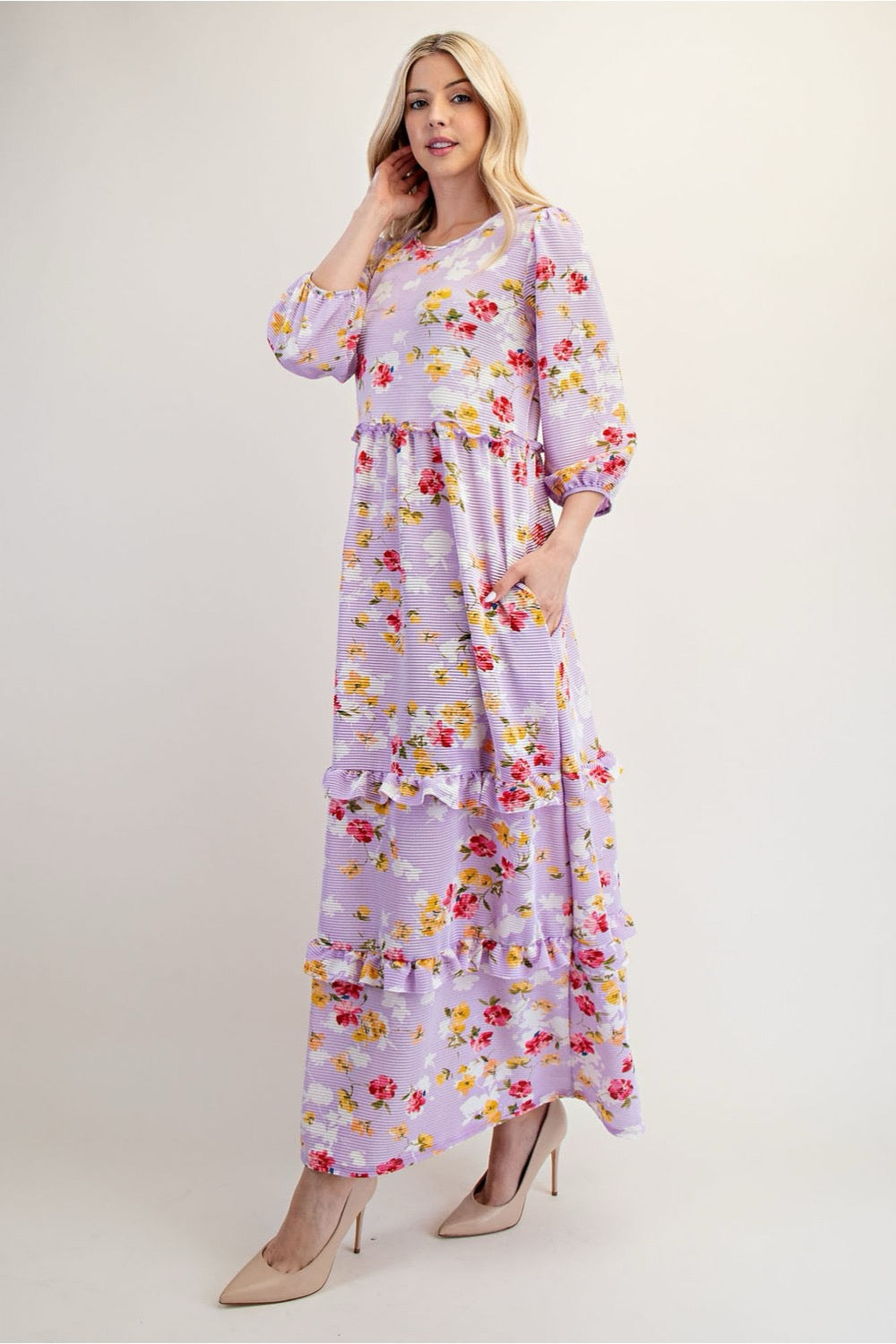 Lilac modest floral tiered maxi dress from Celeste Clothing, flowing fabric and elegant design, perfect for formal occasions.
