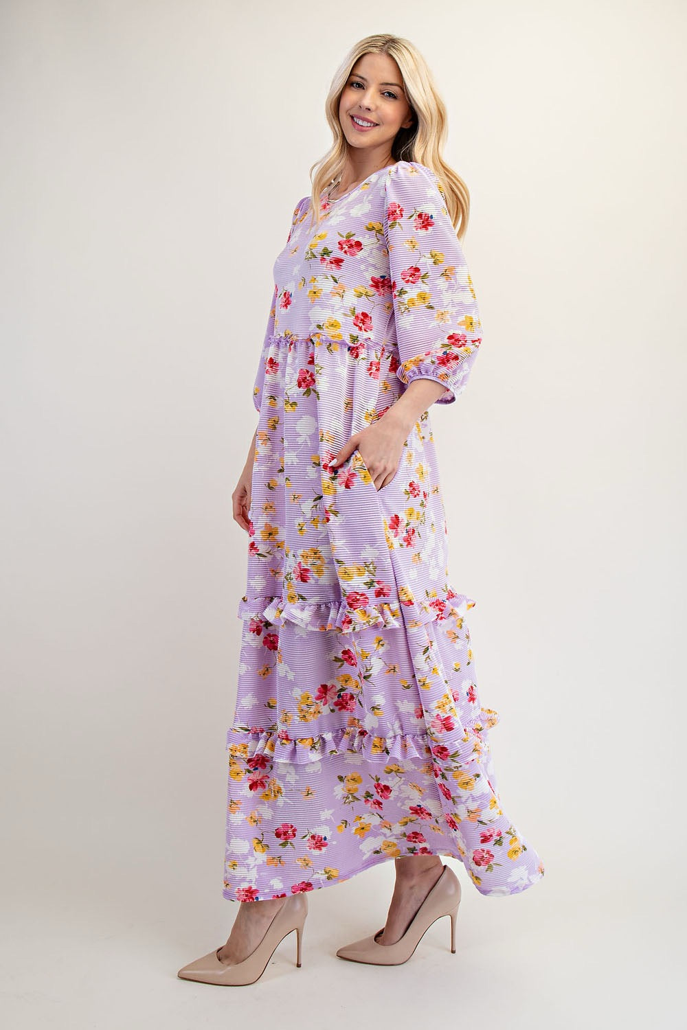 Lilac Modest Floral Tiered Maxi Dress from Celeste Clothing, featuring flowy fabric and elegant floral pattern.