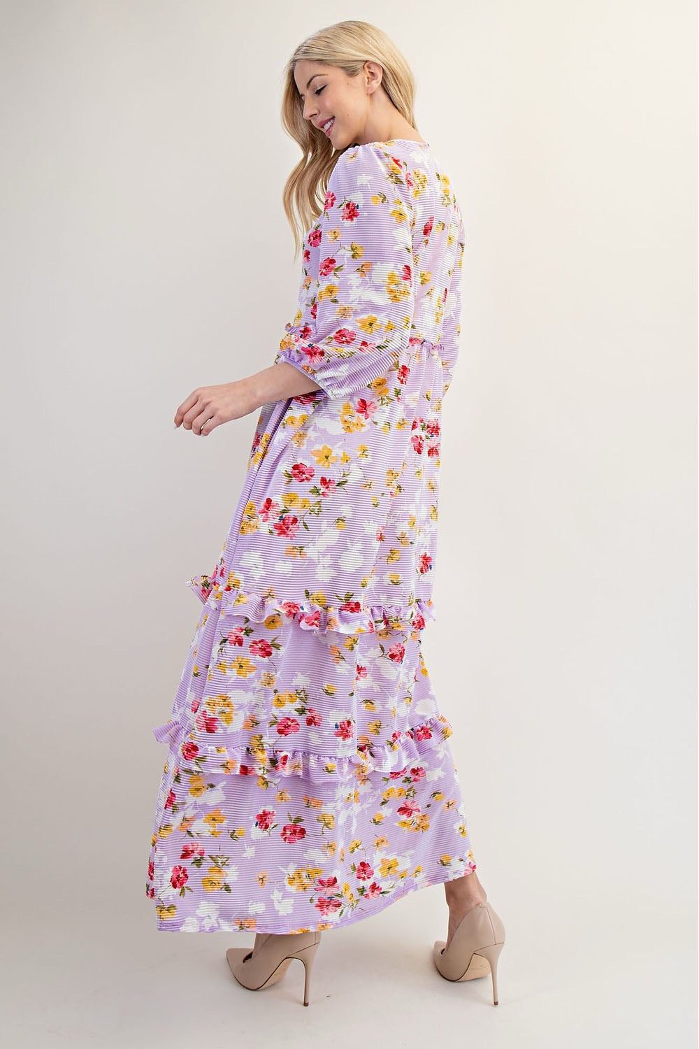 Lilac modest floral tiered maxi dress from Celeste Clothing, featuring flowing layers and a feminine design.