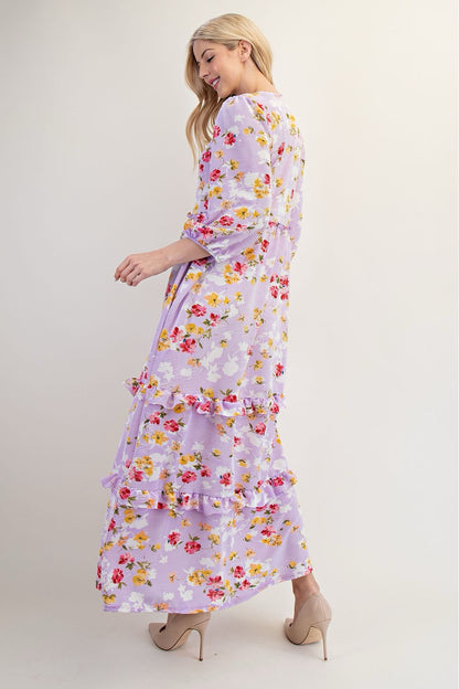 Lilac modest floral tiered maxi dress from Celeste Clothing, featuring flowing layers and a feminine design.
