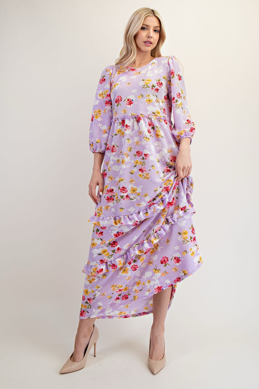 Lilac Modest Floral Tiered Maxi Dress by Celeste Clothing, flowing fabric with layered tiers and delicate floral print.