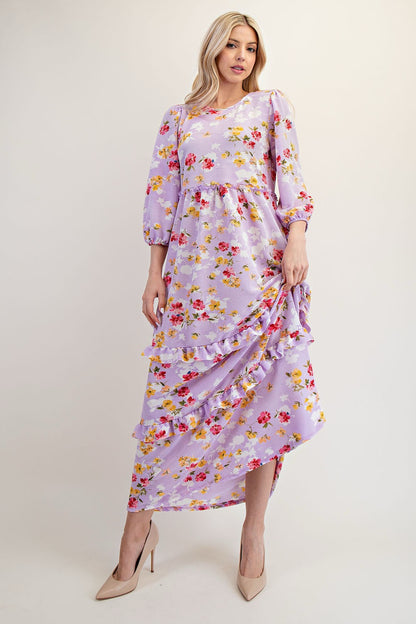 Lilac Modest Floral Tiered Maxi Dress by Celeste Clothing, flowing fabric with layered tiers and delicate floral print.