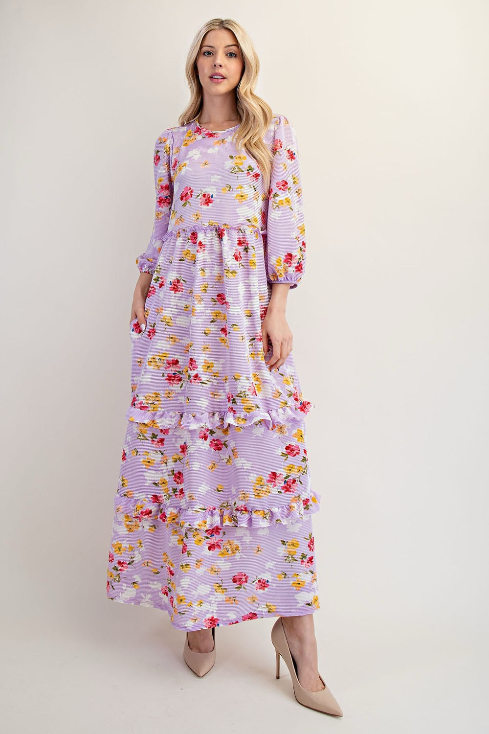 Lilac modest floral tiered maxi dress from Celeste Clothing, featuring a flowy silhouette and floral print.