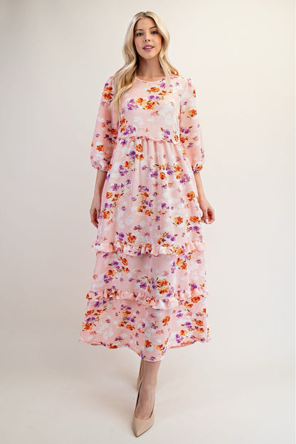 Peach modest floral tiered maxi dress from Celeste Clothing, featuring a flowy silhouette and elevated floral print.
