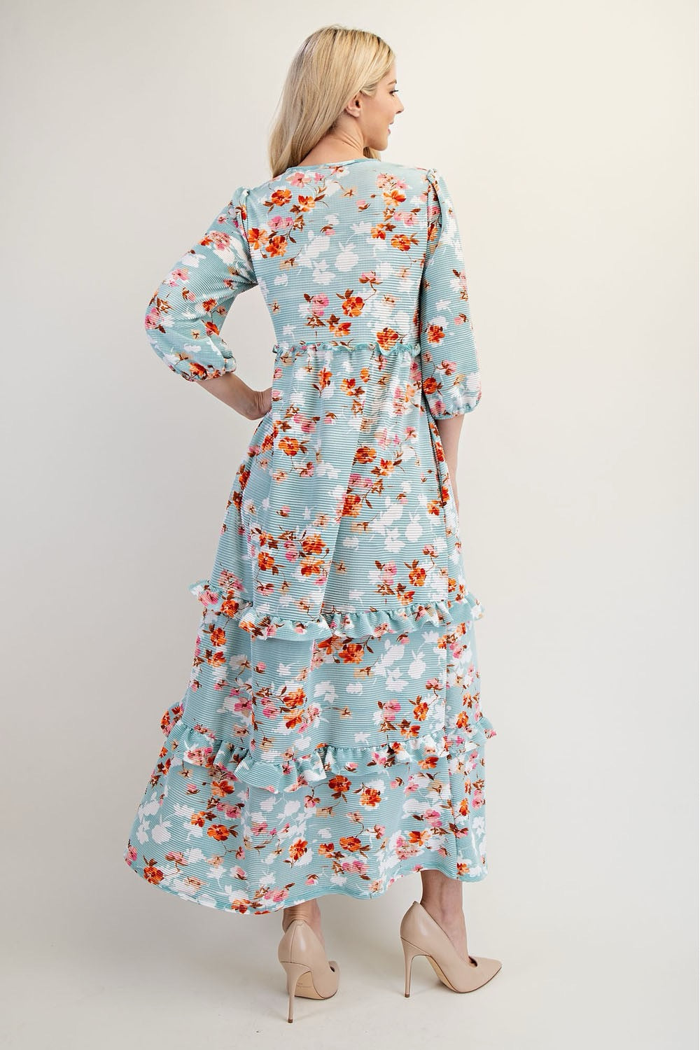 Celeste Clothing modest floral tiered maxi dress in sage light teal, featuring a flowing silhouette and floral pattern.