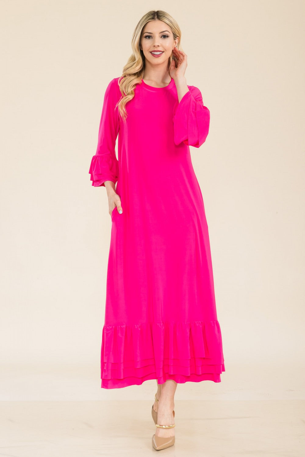 Pink modest 3/4 sleeve dress with ruffle bell sleeves from Celeste Clothing, featuring a comfortable, stylish design for plus sizes.