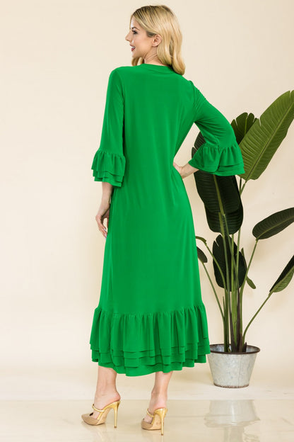Pink modest 3/4 sleeve dress with ruffle bell sleeves from Celeste Clothing, featuring a relaxed fit and elegant design.