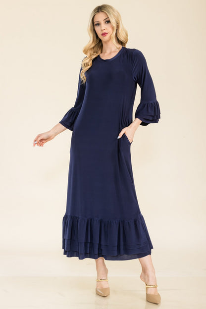 Pink modest 3/4 sleeve dress with ruffle bell sleeves from Celeste Clothing, featuring a relaxed fit for regular missy sizes.