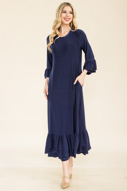 Pink modest 3/4 sleeve dress with ruffle bell sleeves from Celeste Clothing, featuring a comfortable fit and elegant design.
