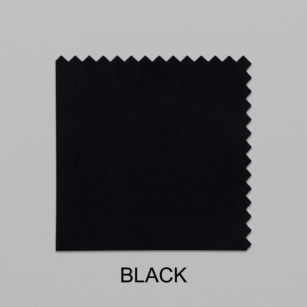 A black fabric color swatch with zigzag-cut edges, shown on a light gray background with the word BLACK below it.