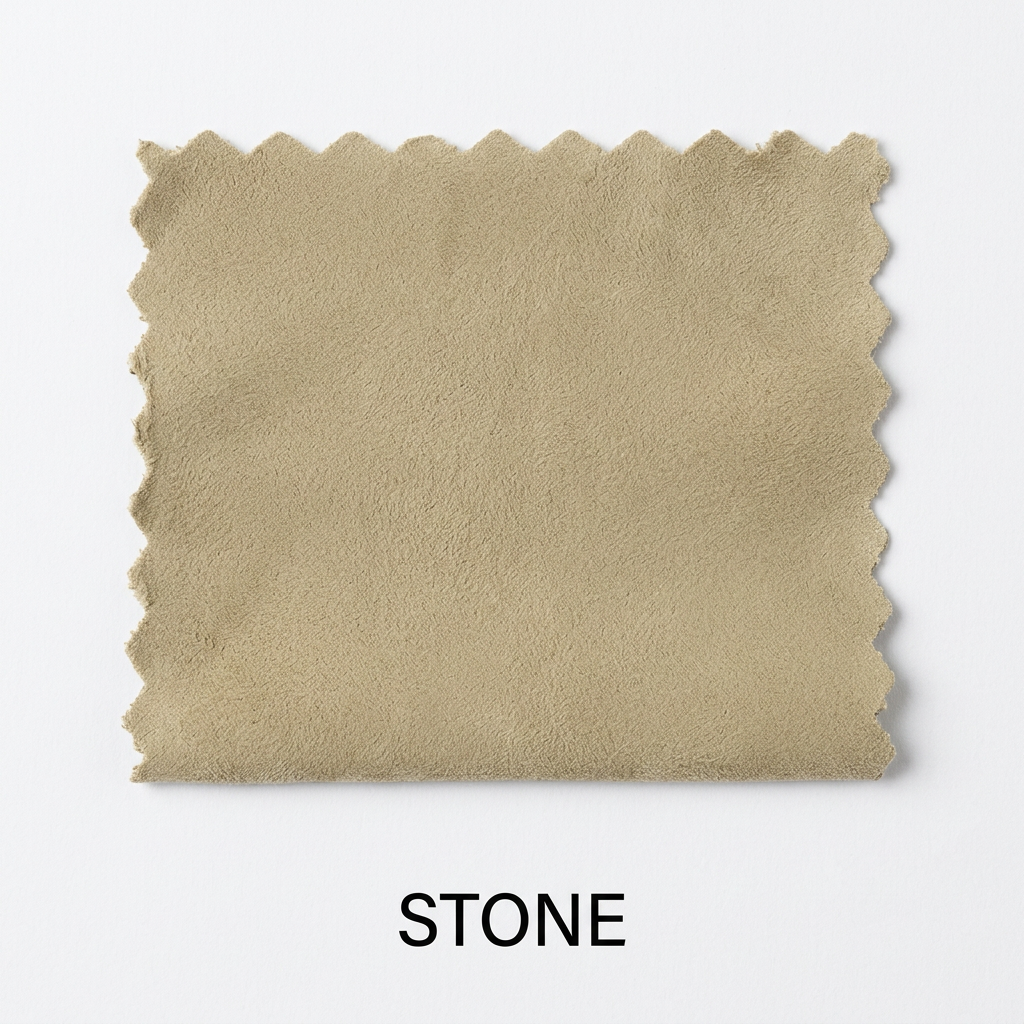 A square fabric swatch in a warm beige stone color with scalloped edges, shown on a light gray background with the word 'STONE' below it.