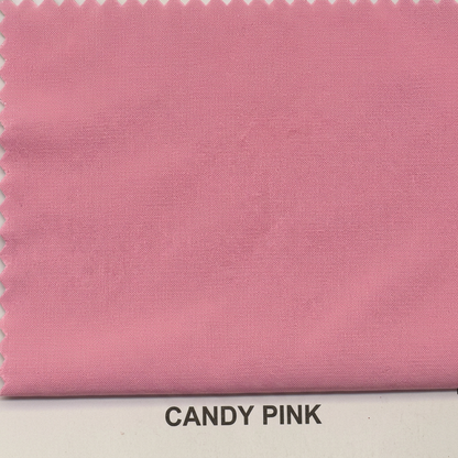 A close-up fabric swatch in candy pink with a serrated cut edge and the text 'CANDY PINK' printed below on a white background.