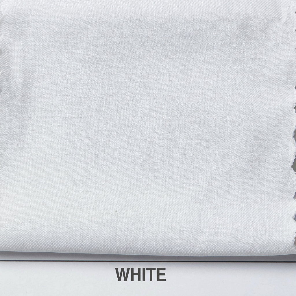 A close-up fabric swatch in solid white with the word 'WHITE' printed below it on a white background.