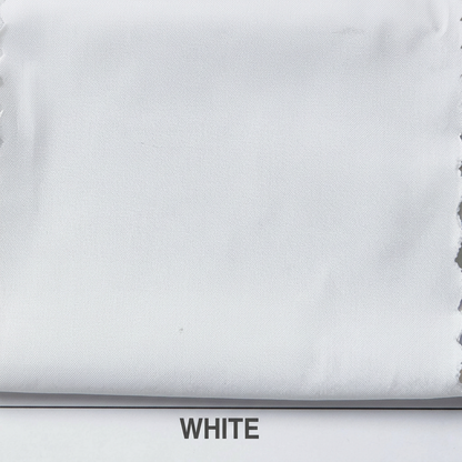 A close-up fabric swatch in solid white with the word 'WHITE' printed below it on a white background.