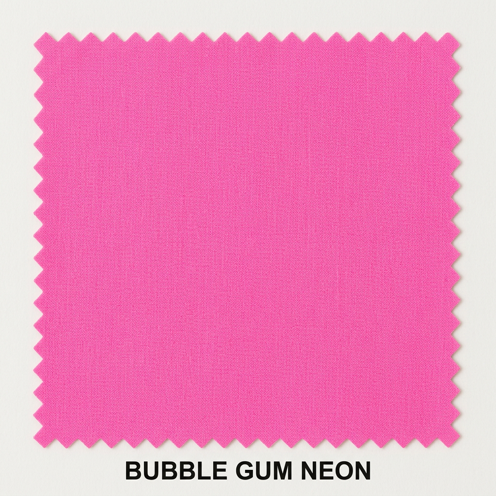 A square fabric color swatch in bright bubble gum neon pink with serrated edges, labeled 'BUBBLE GUM NEON' on a white background.