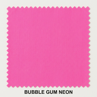 A square fabric color swatch in bright bubble gum neon pink with serrated edges, labeled 'BUBBLE GUM NEON' on a white background.