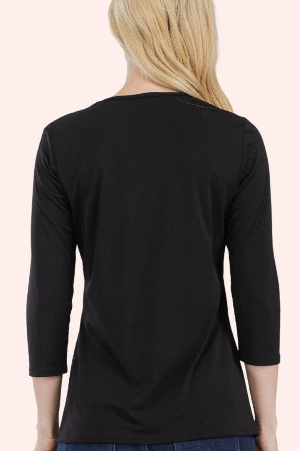 Black Celeste Clothing modest layering top with 3/4 sleeves, solid color, perfect for versatile everyday wear.