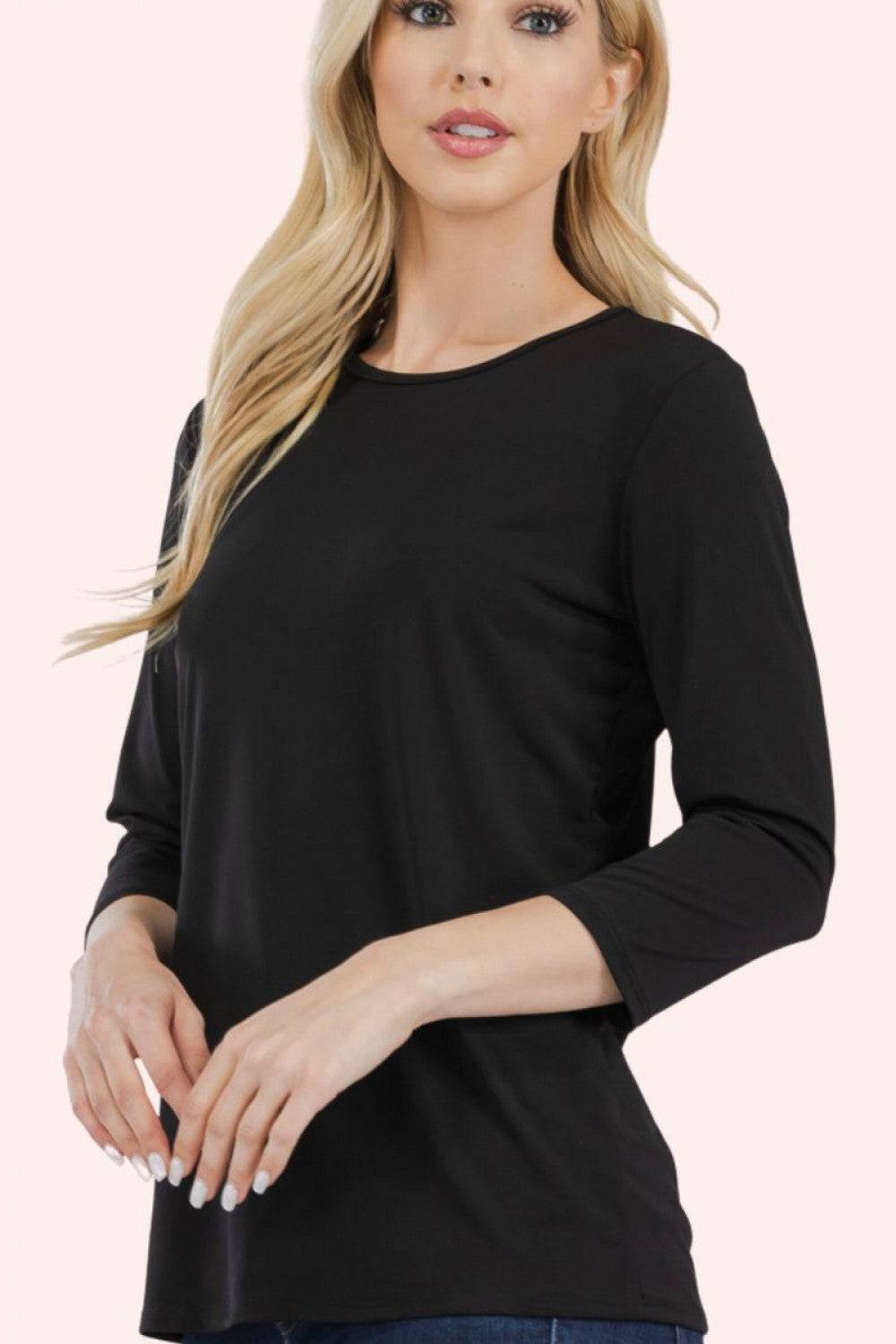 Black Celeste Clothing layering top with modest solid color design and 3/4 sleeves, perfect for layering or casual wear.