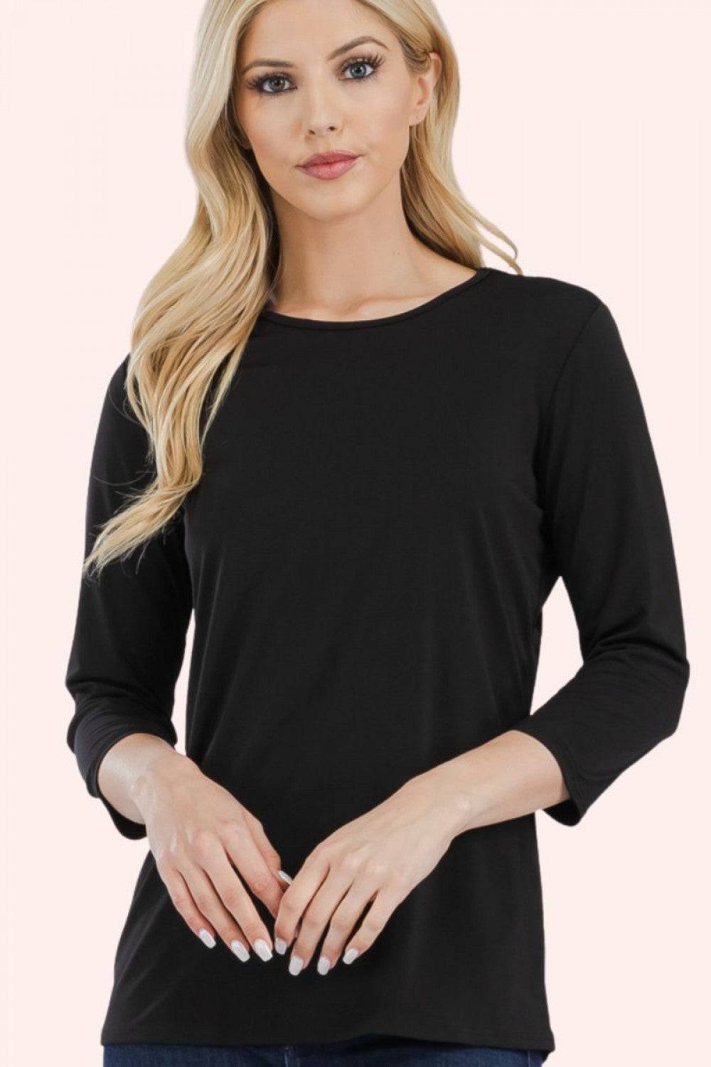 Black Celeste Clothing layering top with 3/4 sleeves, modest solid color design, perfect for versatile layered outfits.