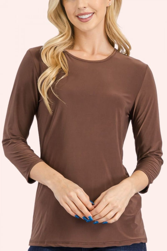Brown modest layering top with 3/4 sleeves from Celeste Clothing, featuring a solid color design for versatile styling.