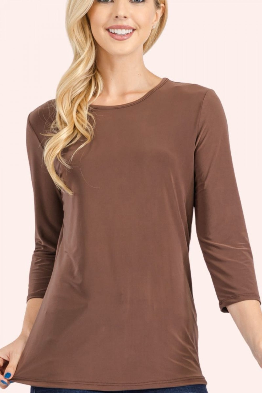 Celeste Clothing modest brown layering top with 3/4 sleeves, solid color, lightweight and versatile for everyday wear.
