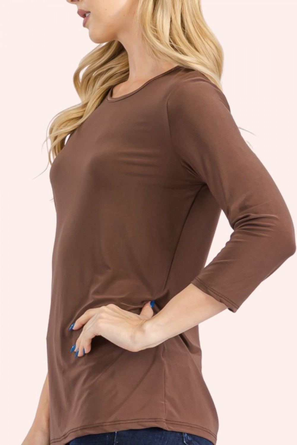 Brown Celeste Clothing modest layering top with 3/4 sleeves, solid color, perfect for versatile casual wear.