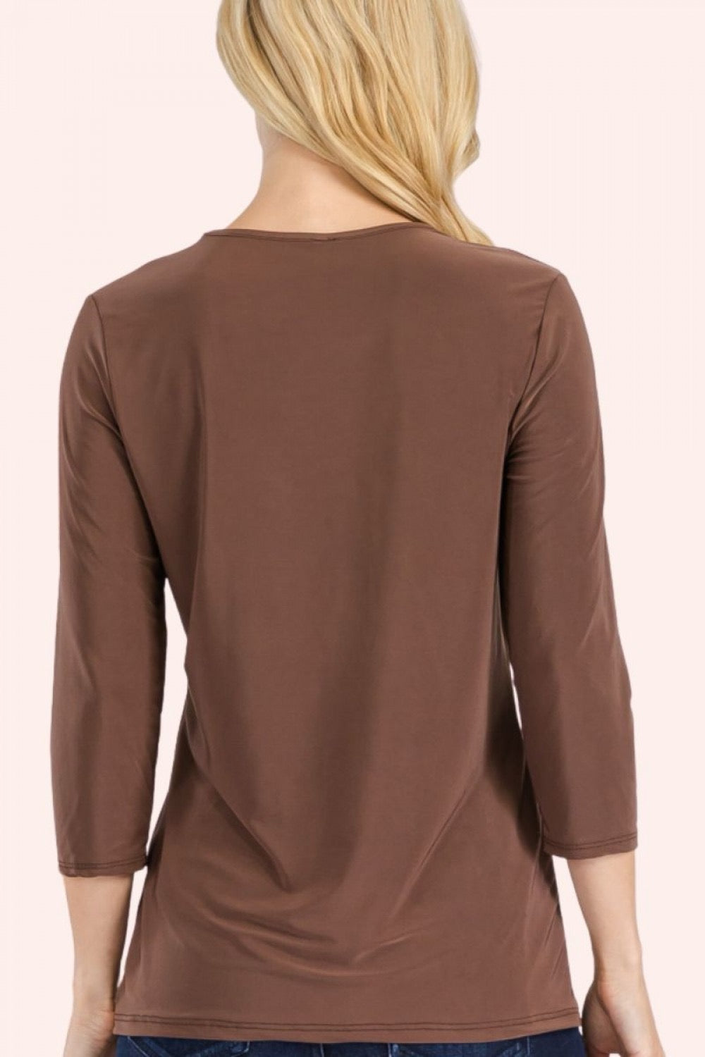 Celeste Clothing modest brown solid color layering top with 3/4 sleeves, lightweight and versatile for everyday wear.