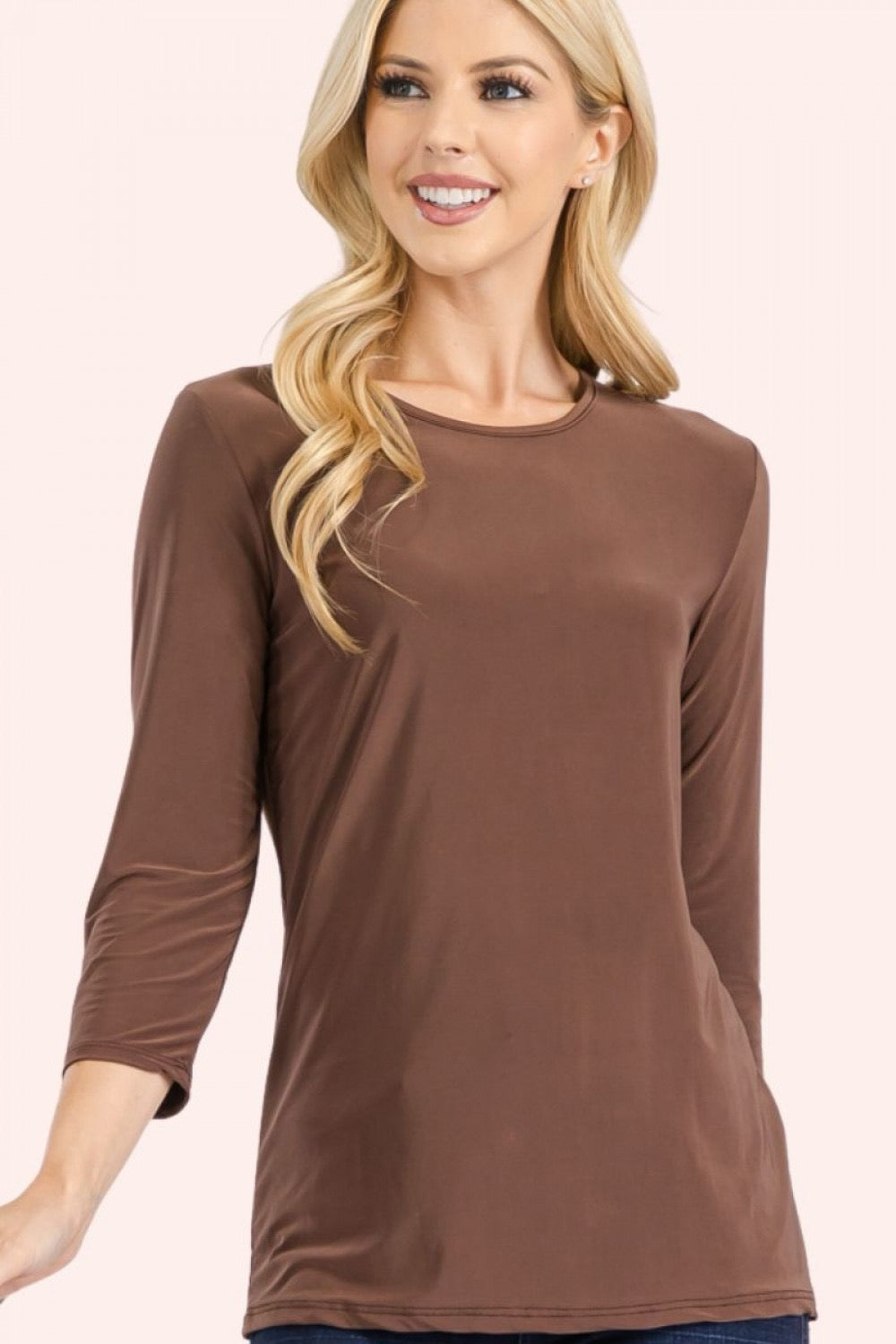 Brown Celeste Clothing modest layering top with 3/4 sleeves, solid color, perfect for versatile layering and modest fashion.