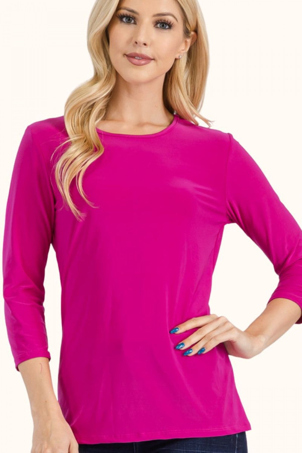 Celeste Clothing modest fuchsia layering top with 3/4 sleeves, solid color, lightweight fabric, suitable for everyday wear.