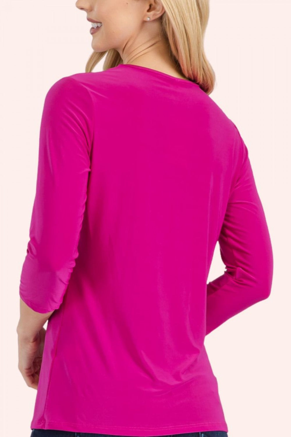 Celeste Clothing modest fuchsia layering top with 3/4 sleeves, solid color, lightweight, perfect for casual or layered fashion.