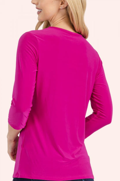 Celeste Clothing modest fuchsia layering top with 3/4 sleeves, solid color, lightweight, perfect for casual or layered fashion.