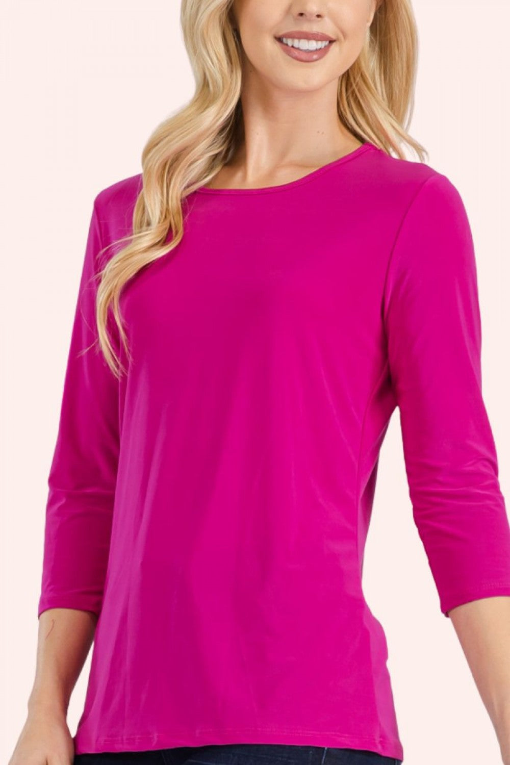 Celeste Clothing modest fuchsia layering top with 3/4 sleeves, solid color, perfect for versatile layered outfits.