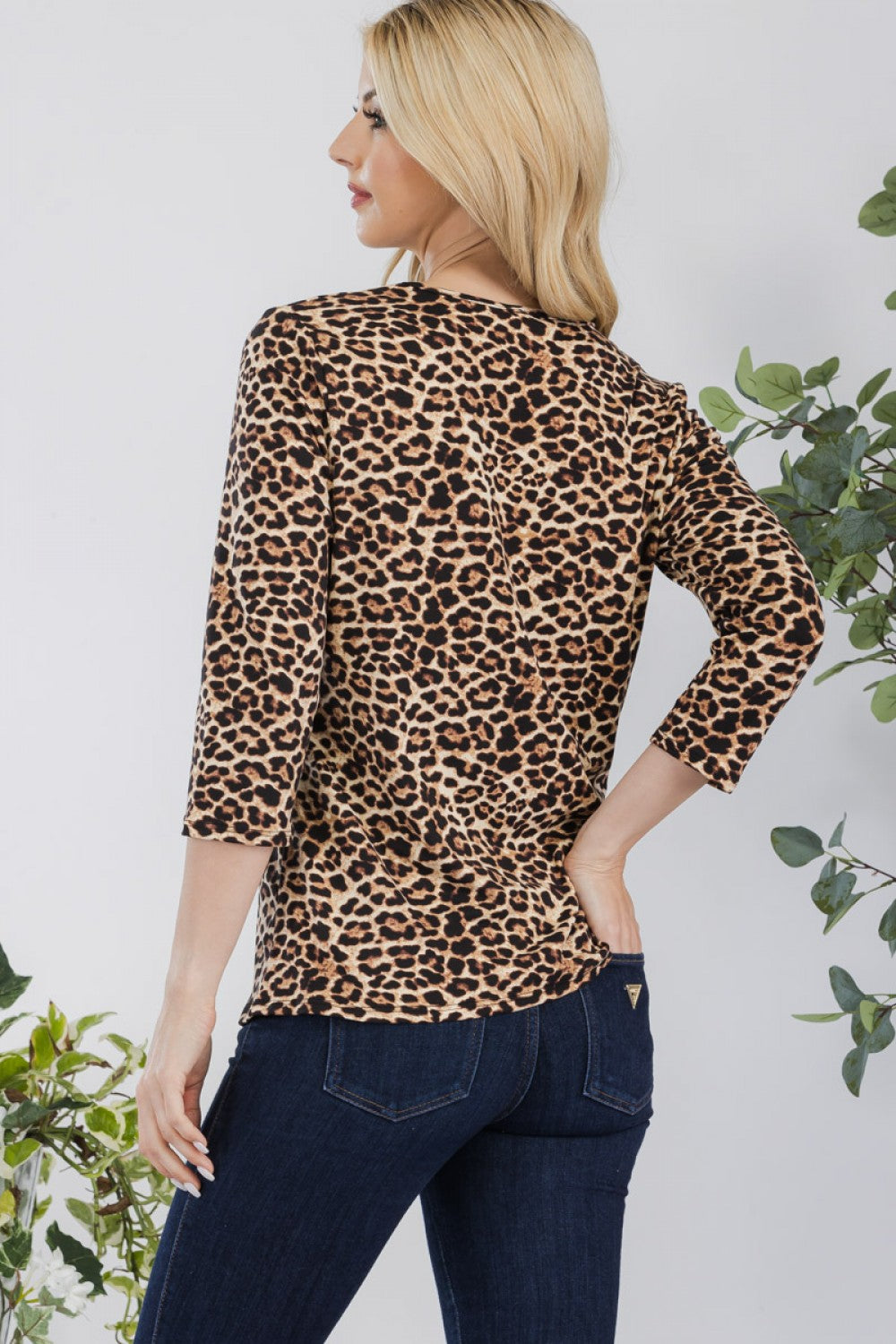 Celeste Clothing modest leopard print layering top with 3/4 sleeves, lightweight and versatile for casual or layered outfits.