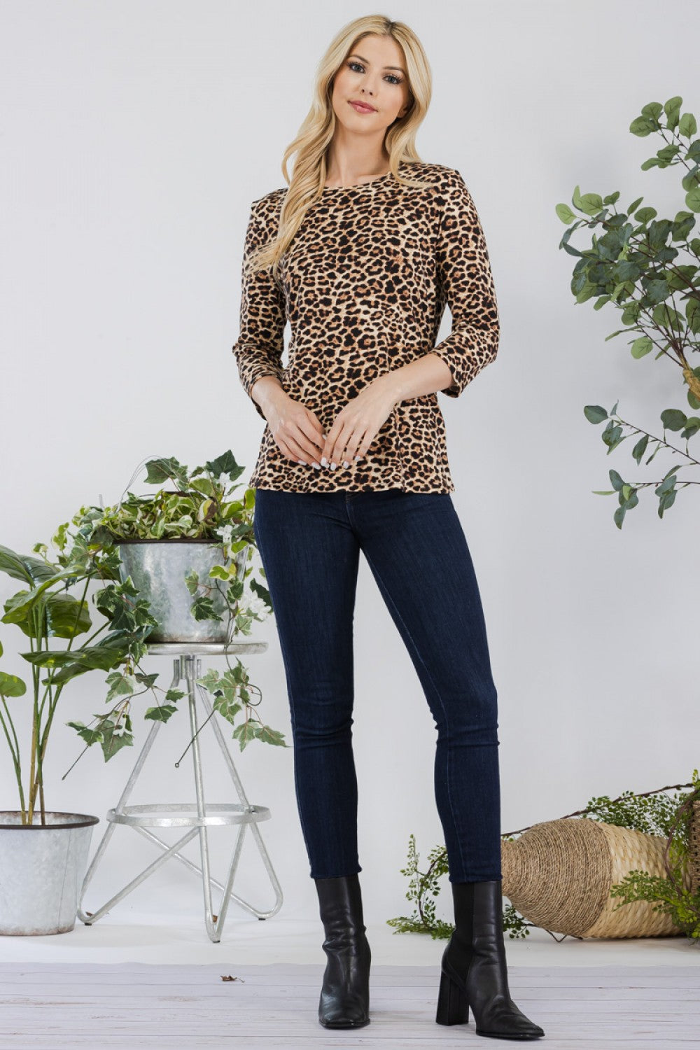 Celeste Clothing modest leopard print layering top with 3/4 sleeves, featuring a stylish and comfortable design.