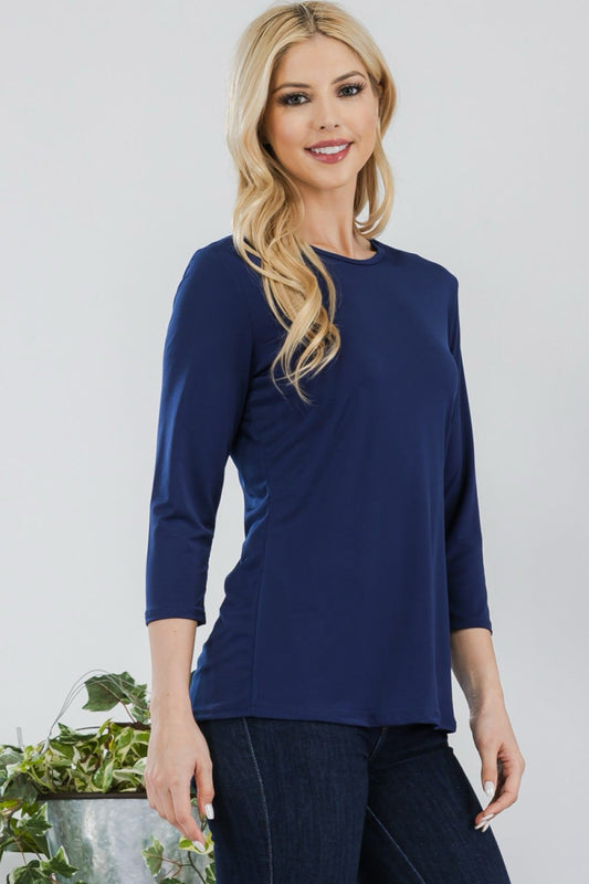 Celeste Clothing navy solid color layering top with 3/4 sleeves, modest design, perfect for versatile everyday wear.