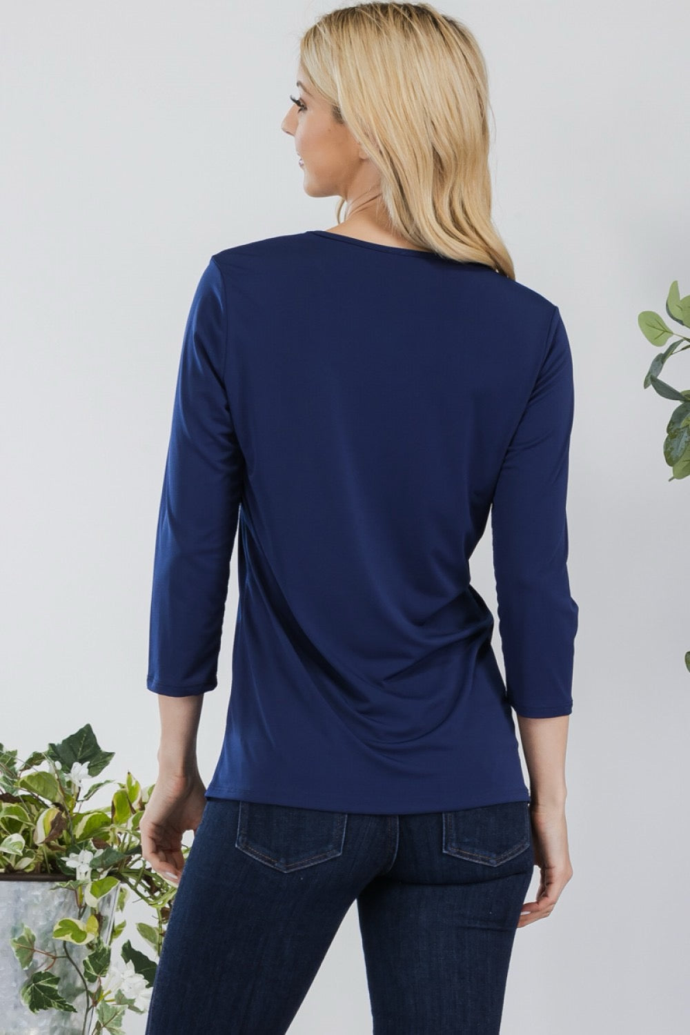 Navy modest solid color layering top with 3/4 sleeves from Celeste Clothing, suitable for casual and layered outfits.