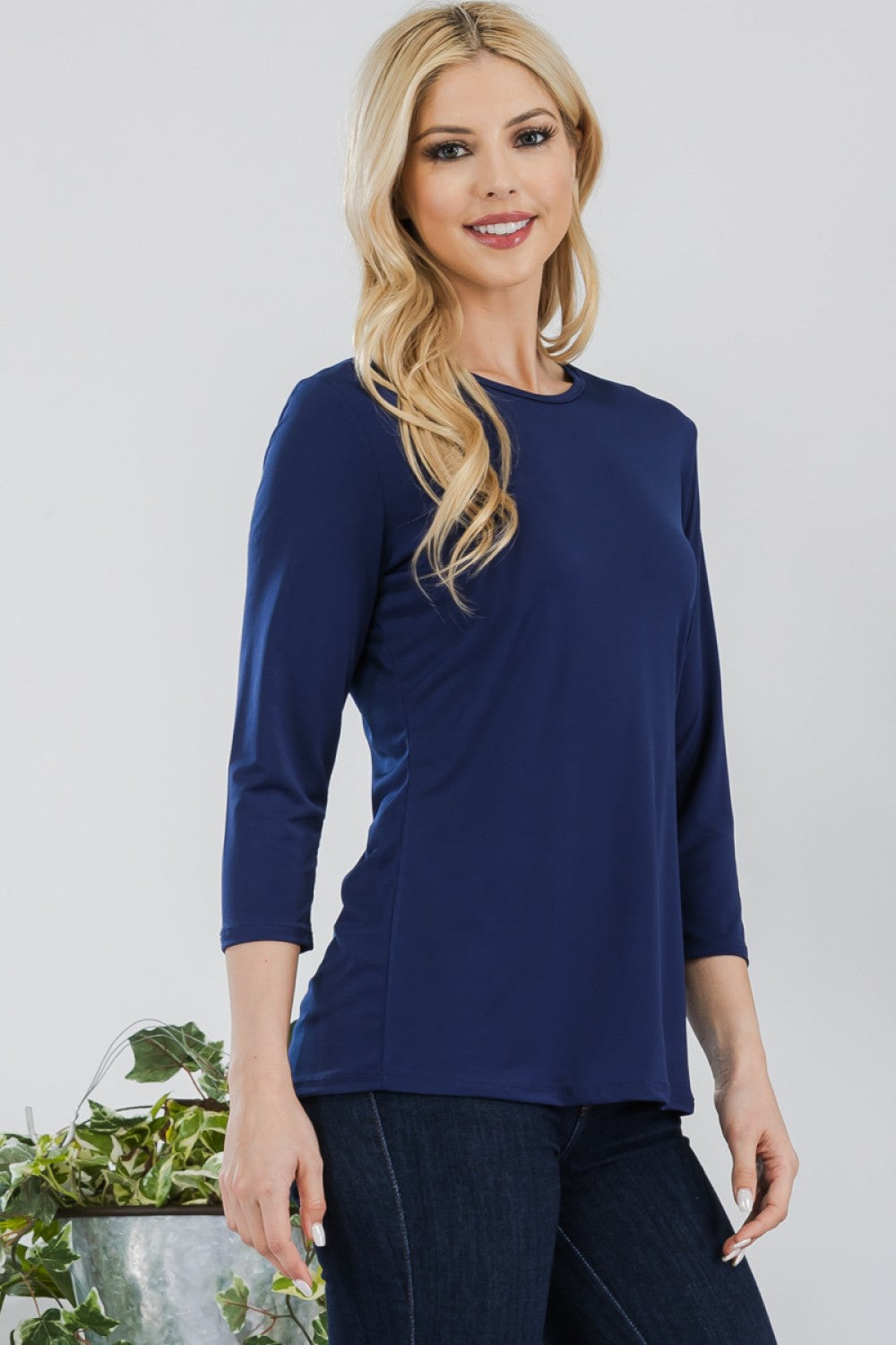 Navy modest solid color layering top with 3/4 sleeves from Celeste Clothing, suitable for casual or layered outfits.