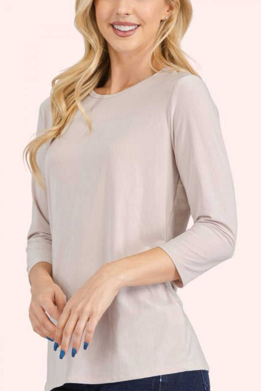 Celeste Clothing modest solid color layering top with 3/4 sleeves in stone, perfect for versatile layered fashion.