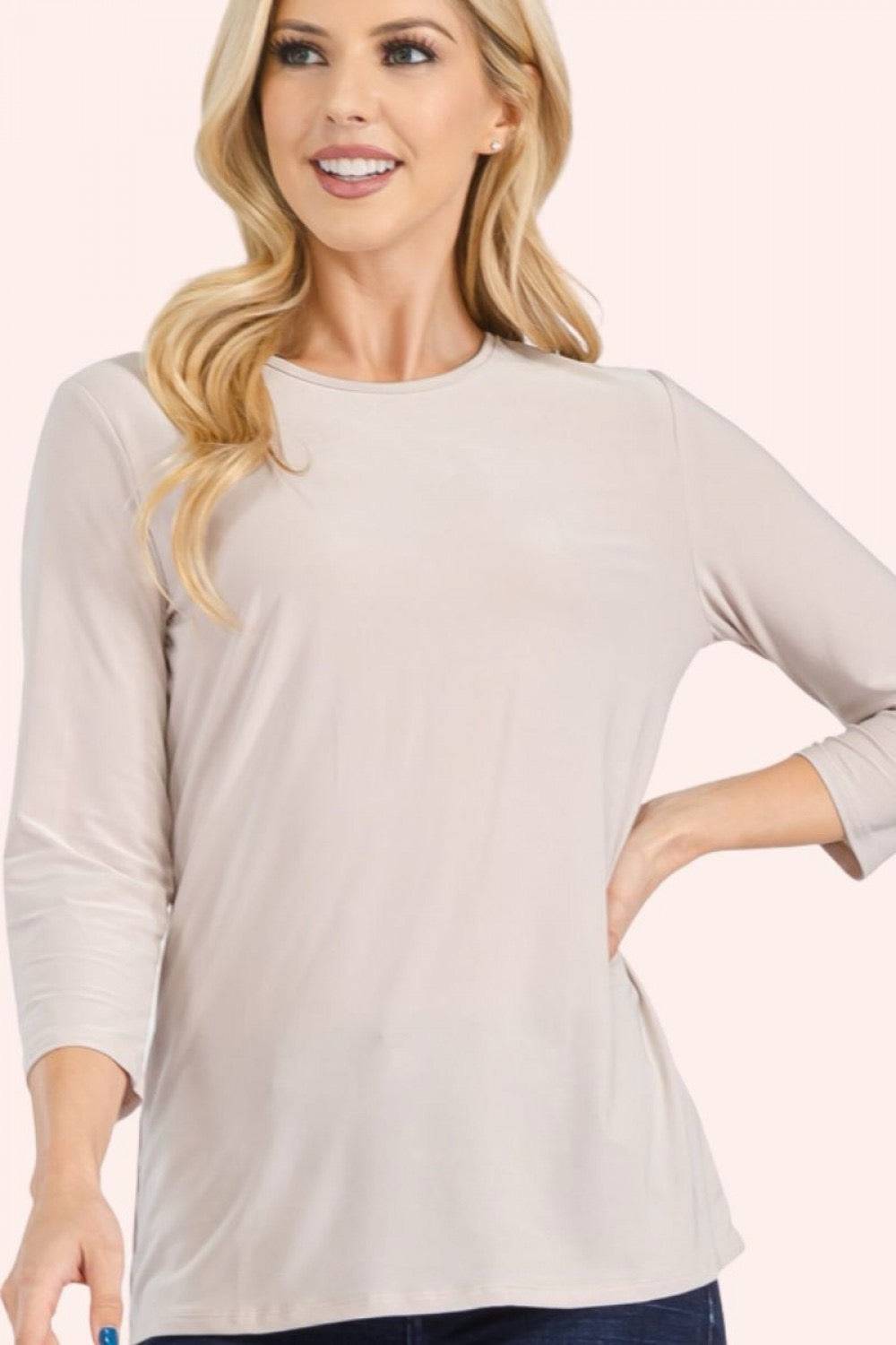 Celeste Clothing modest solid color layering top with 3/4 sleeves in stone, ideal for casual or layered outfits.