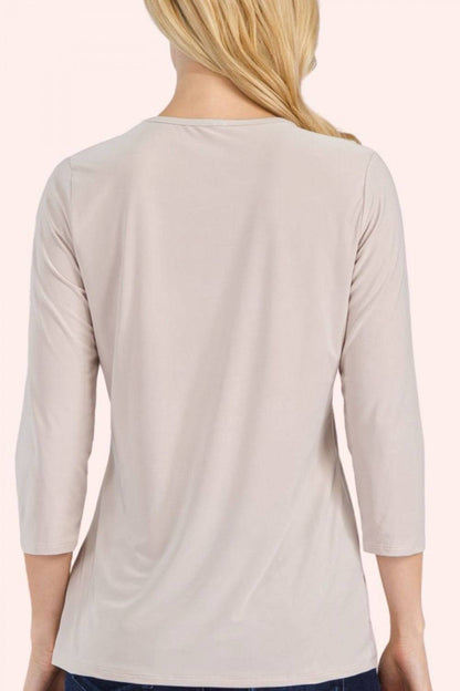Celeste Clothing modest solid color layering top with 3/4 sleeves in stone, perfect for versatile, modest fashion styling.