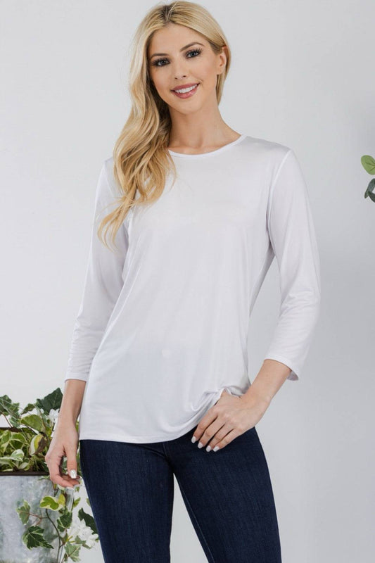 Celeste Clothing ivory white modest layering top with 3/4 sleeves, solid color, lightweight and versatile for everyday wear.