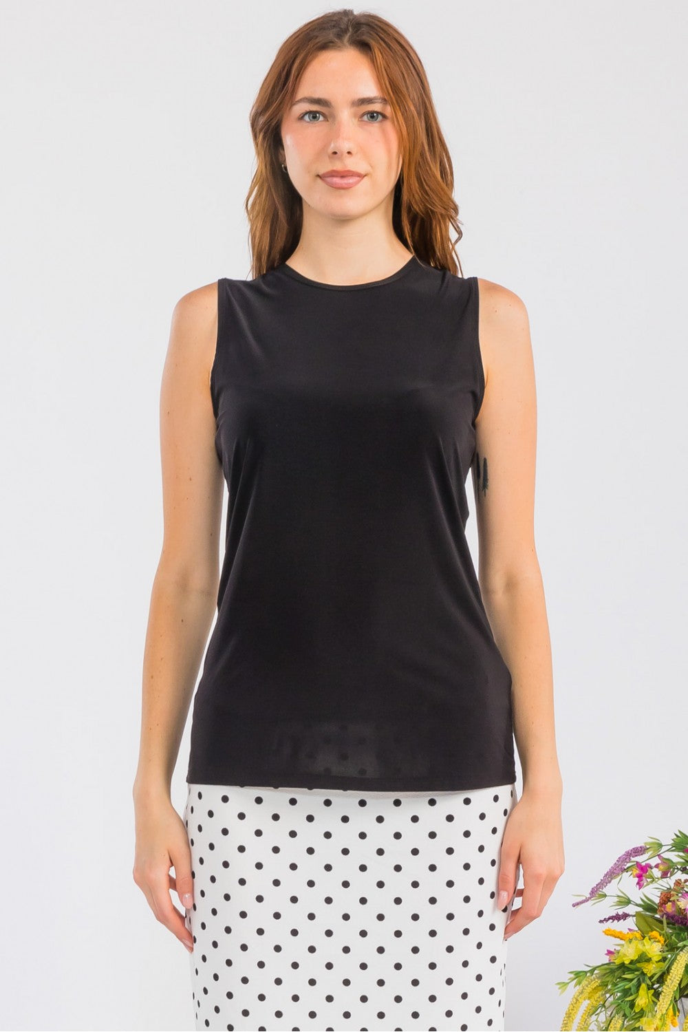 Celeste Clothing sleeveless layering top in white, wrinkle-free, modest design, perfect for casual or layered outfits.