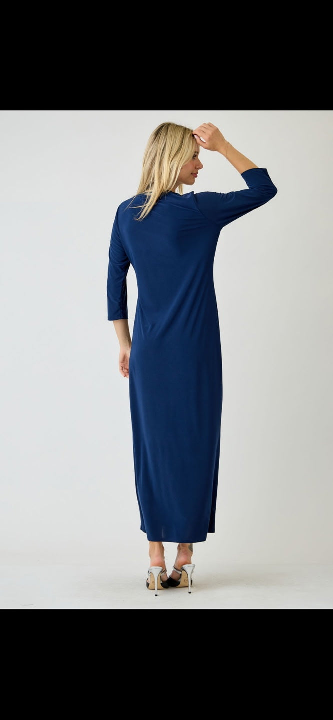 Navy ladies long sleeve layering maxi dress by Celeste Clothing, flowing fabric, fitted waist, and elegant design.