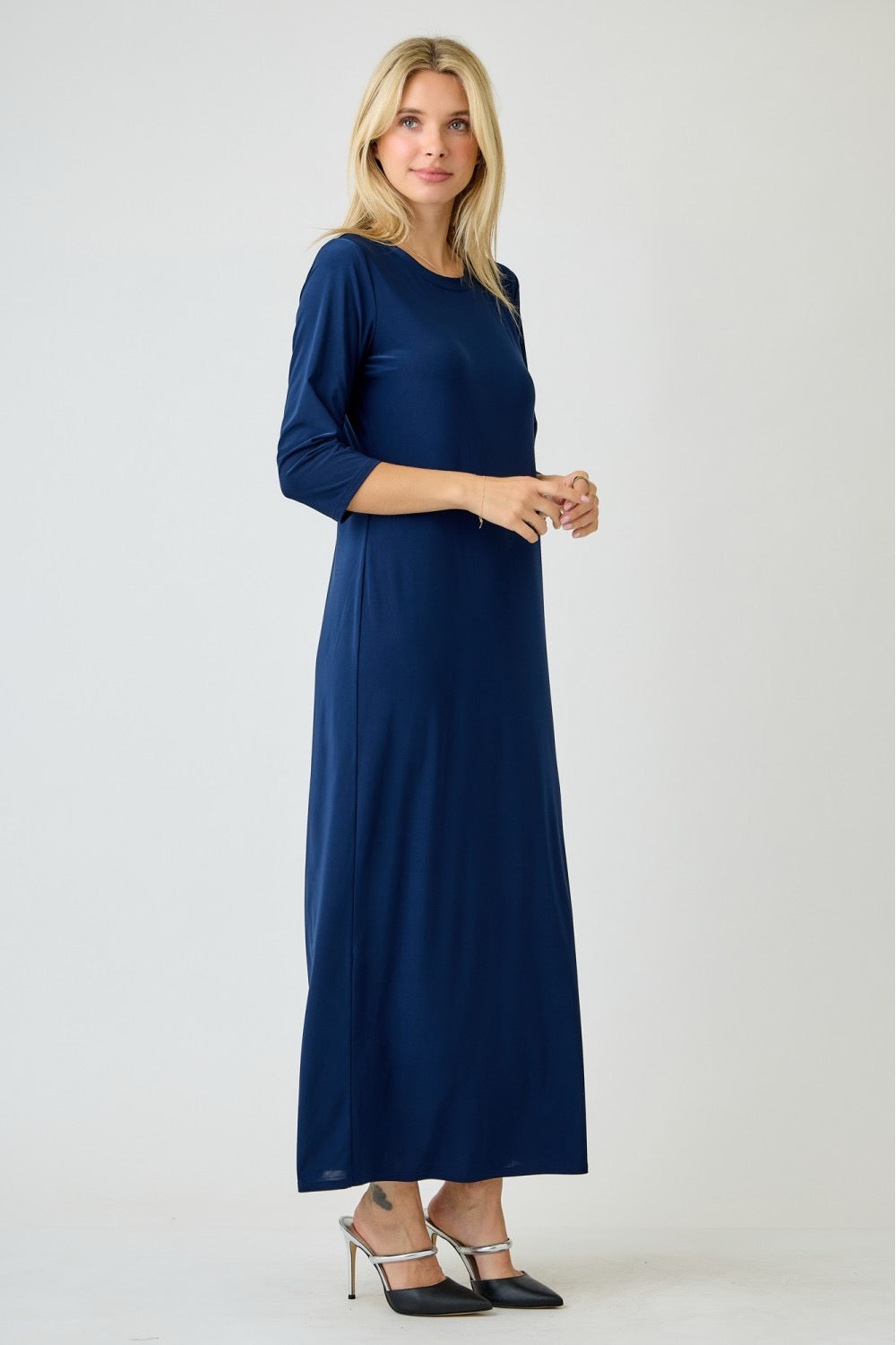 Navy ladies long sleeve layering maxi dress by Celeste Clothing, flowing fabric with a comfortable fit, perfect for casual or layered looks.