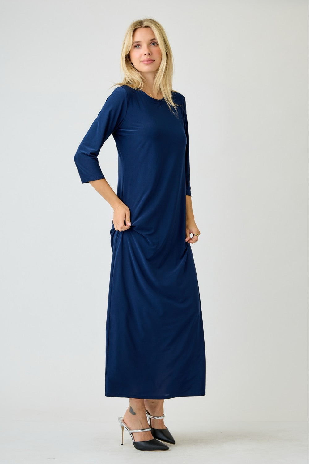 Navy ladies long sleeve layering maxi dress by Celeste Clothing, featuring a flowing silhouette and comfortable fabric.