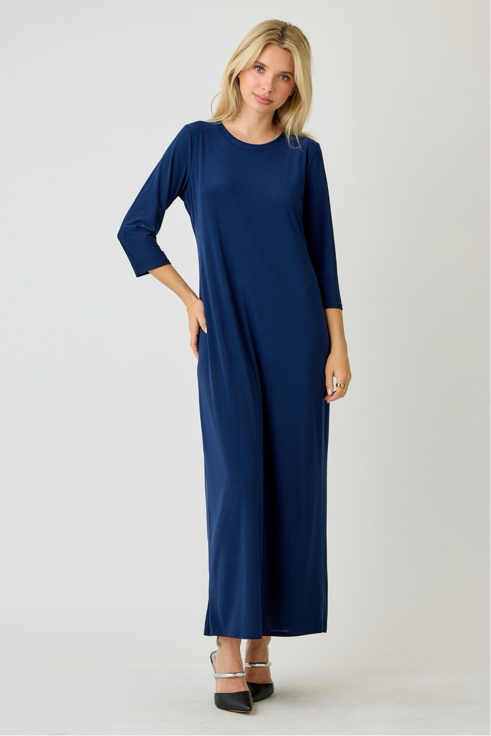 Navy ladies long sleeve layering maxi dress by Celeste Clothing, flowing fabric and elegant design for versatile style.