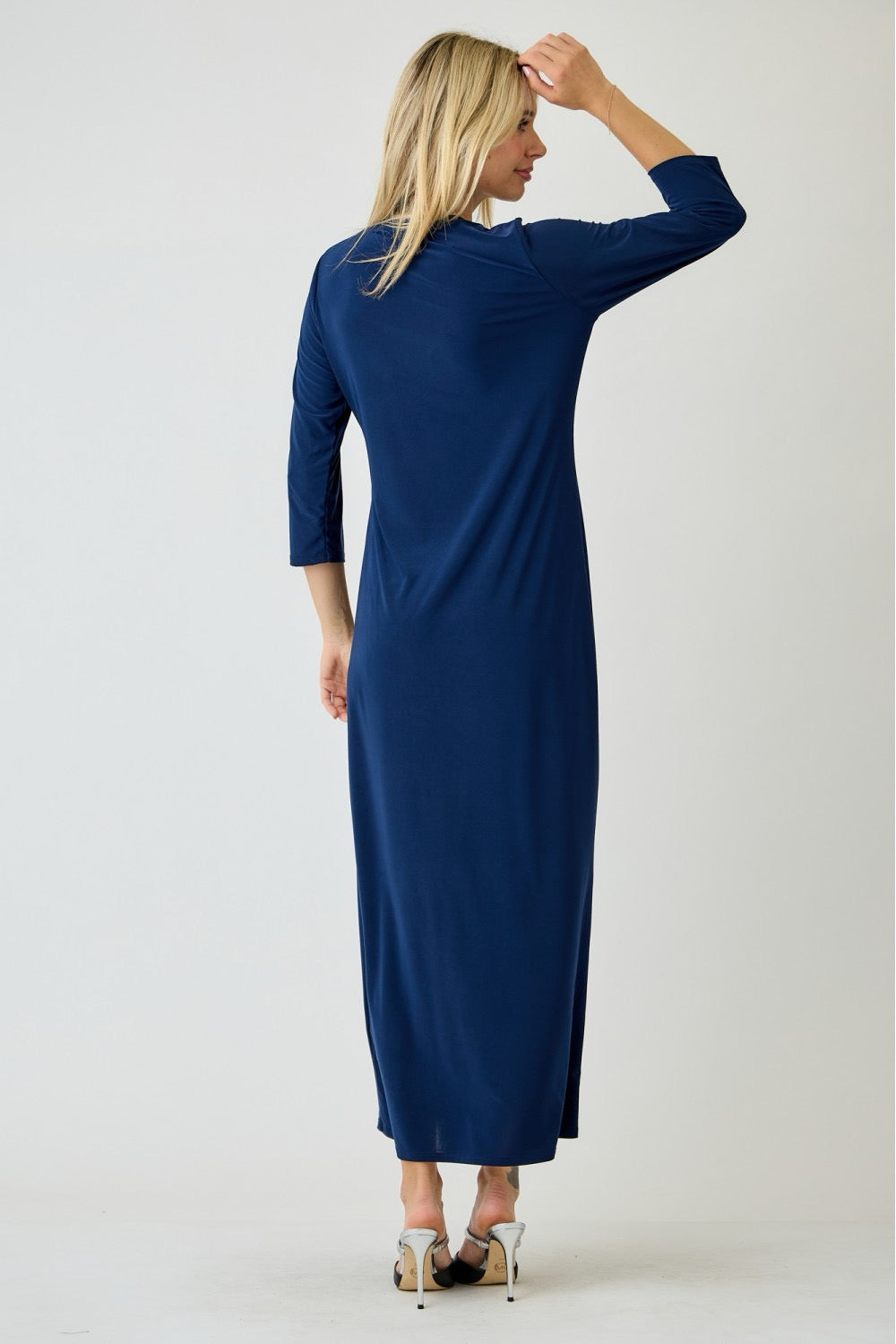 Navy ladies long sleeve layering maxi dress by Celeste Clothing, flowing fabric and elegant design for versatile styling.
