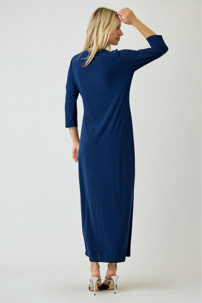 Navy ladies long sleeve layering maxi dress by Celeste Clothing, flowing fabric, fitted bodice, and full-length design.